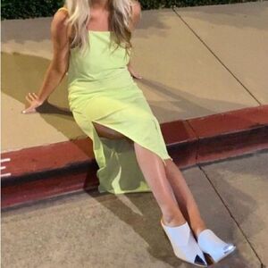 H&M Neon Lime Midi Slip Cowl Neck Dress with Slit